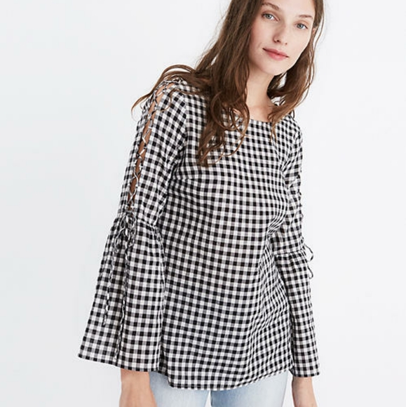 Madewell Gingham lace bell sleeve top size… - Picture 1 of 9